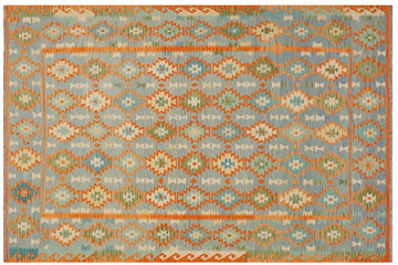 Flat Weave Kilim, Antique, Navaho, Vintage, Handmade, Geometric Kilim Blue Rust Hand-Woven Rectangle 100% Wool Area Rug 8 x 11
